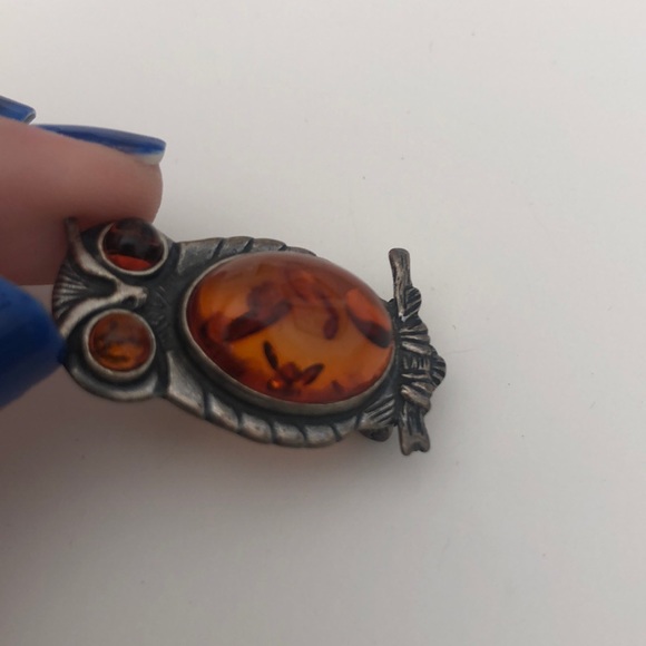 Owl Brooch or Necklace Pendant Silver with Amber - Picture 4 of 5